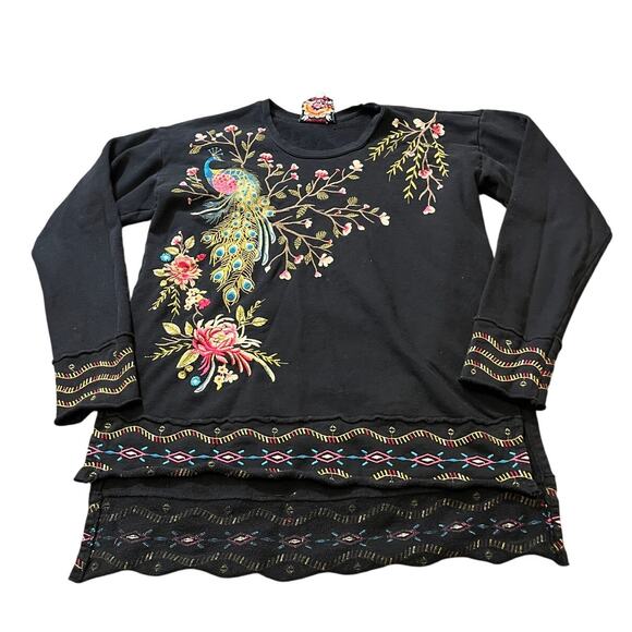 Johnny Was Kaira Hi-Lo Pullover Embroidered Peacock Sweatshirt Womens Size S - Picture 1 of 7